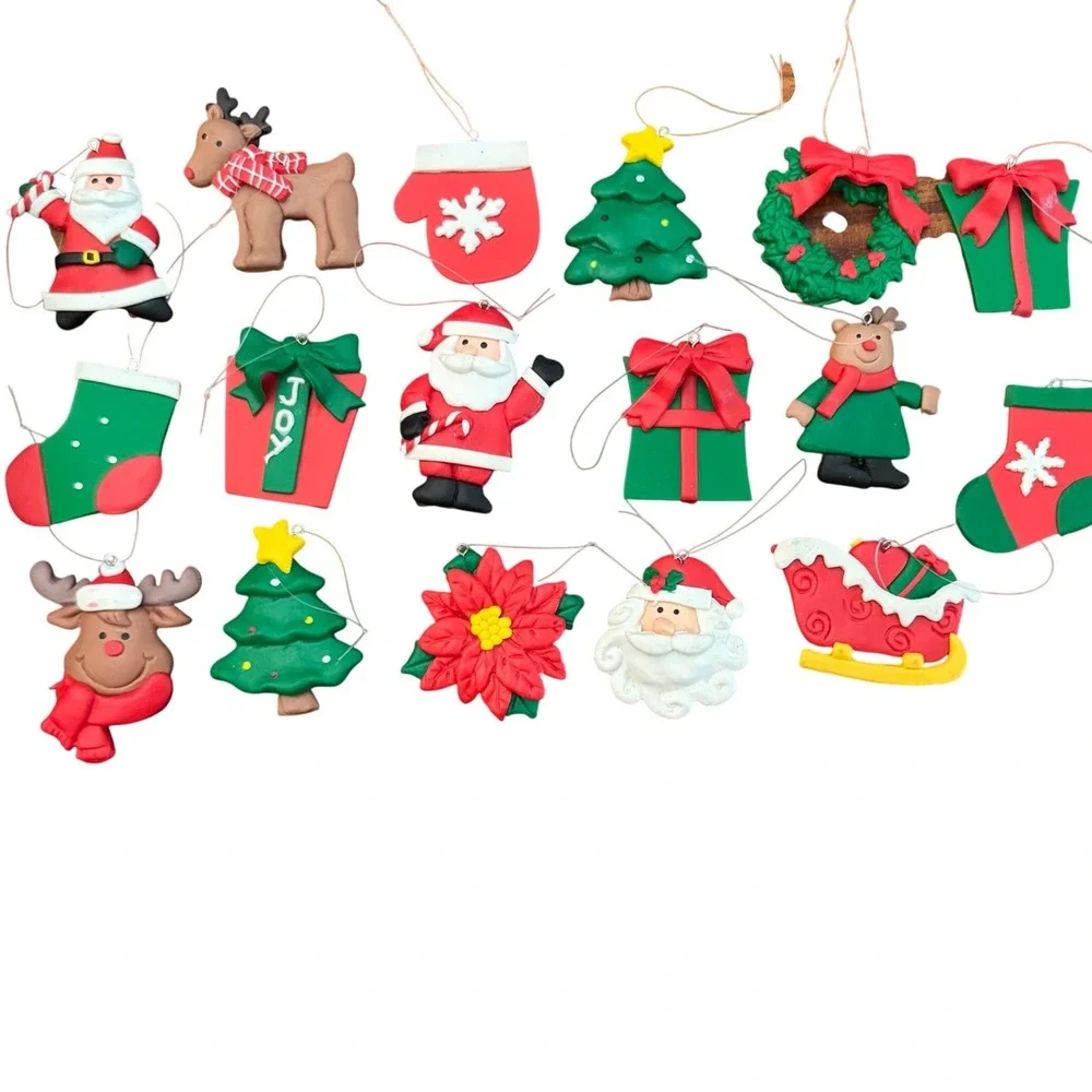 vtg Christmas Ornament Set 17pc Polymer Clay Santa Reindeer Tree holidays